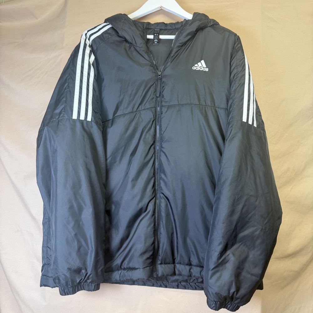 Adidas Essentials Insulated Hooded Jacket Black 3 Stripe Puffer Mens XL